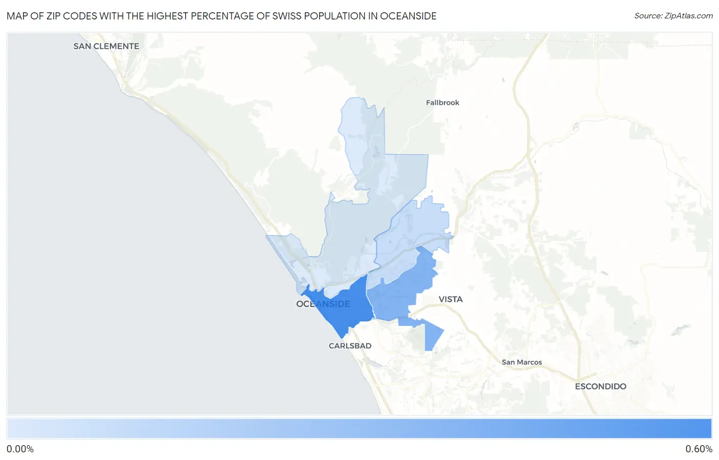 Zip Codes with the Highest Percentage of Swiss Population in Oceanside Map