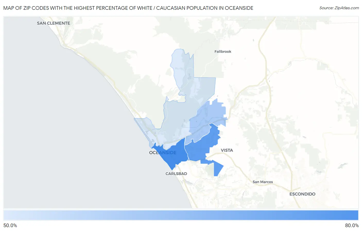 Zip Codes with the Highest Percentage of White / Caucasian Population in Oceanside Map