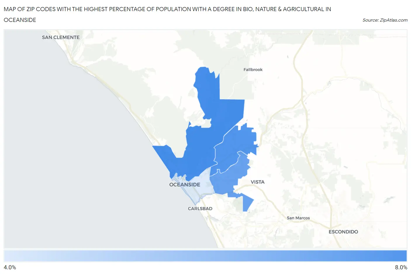 Zip Codes with the Highest Percentage of Population with a Degree in Bio, Nature & Agricultural in Oceanside Map