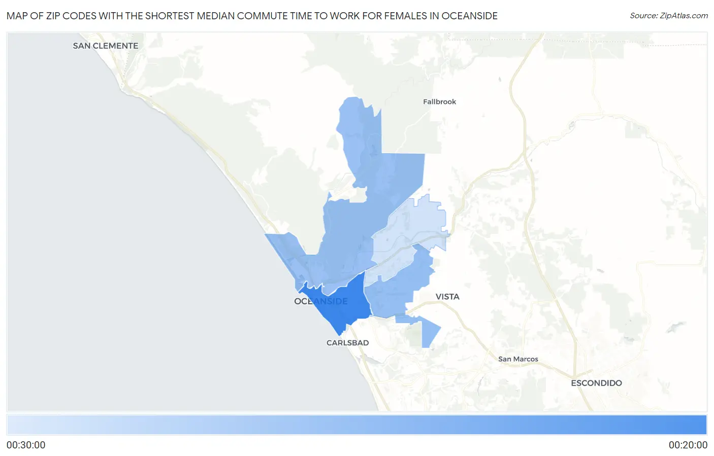 Zip Codes with the Shortest Median Commute Time to Work for Females in Oceanside Map