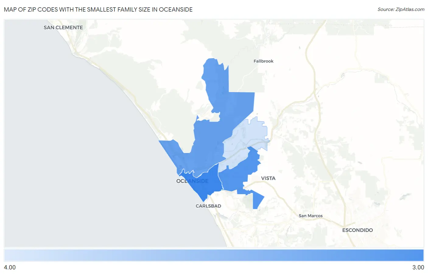Zip Codes with the Smallest Family Size in Oceanside Map