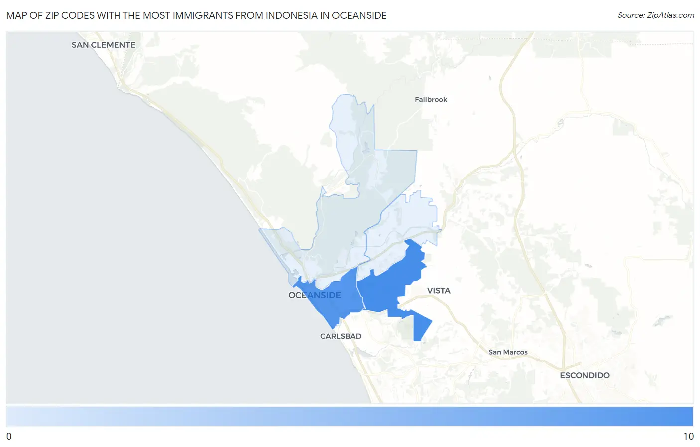 Zip Codes with the Most Immigrants from Indonesia in Oceanside Map