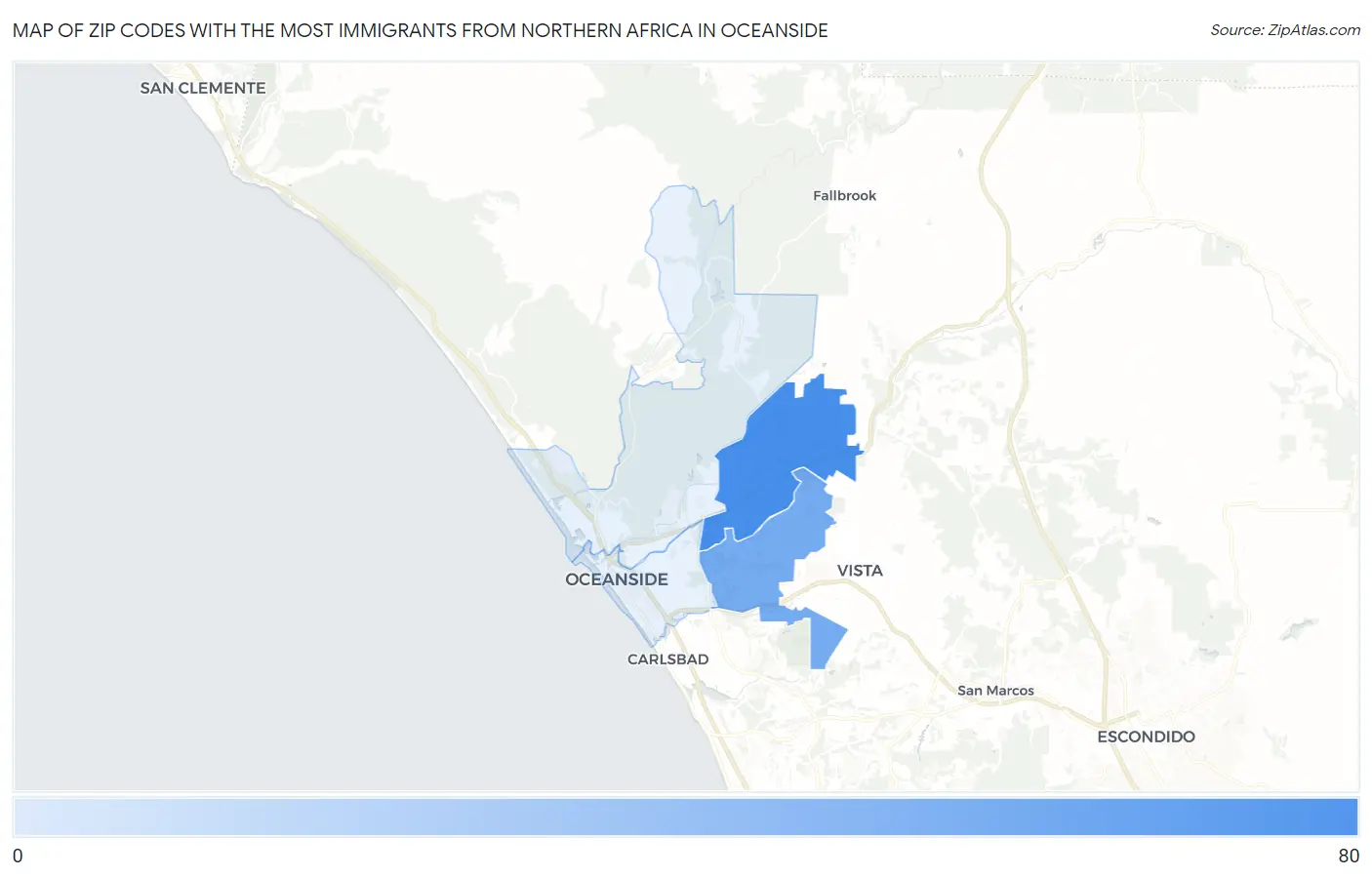 Zip Codes with the Most Immigrants from Northern Africa in Oceanside Map