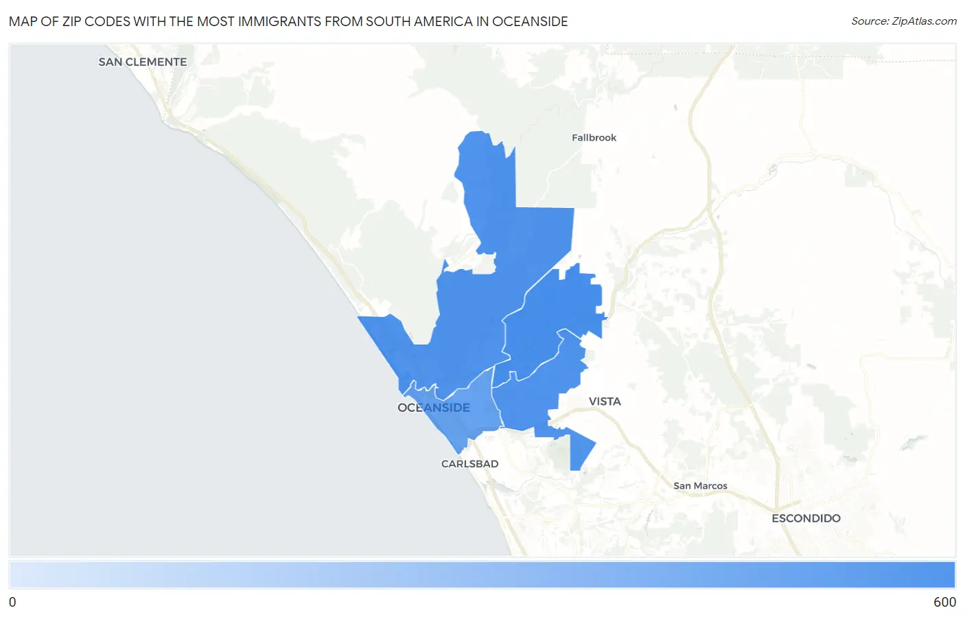 Zip Codes with the Most Immigrants from South America in Oceanside Map