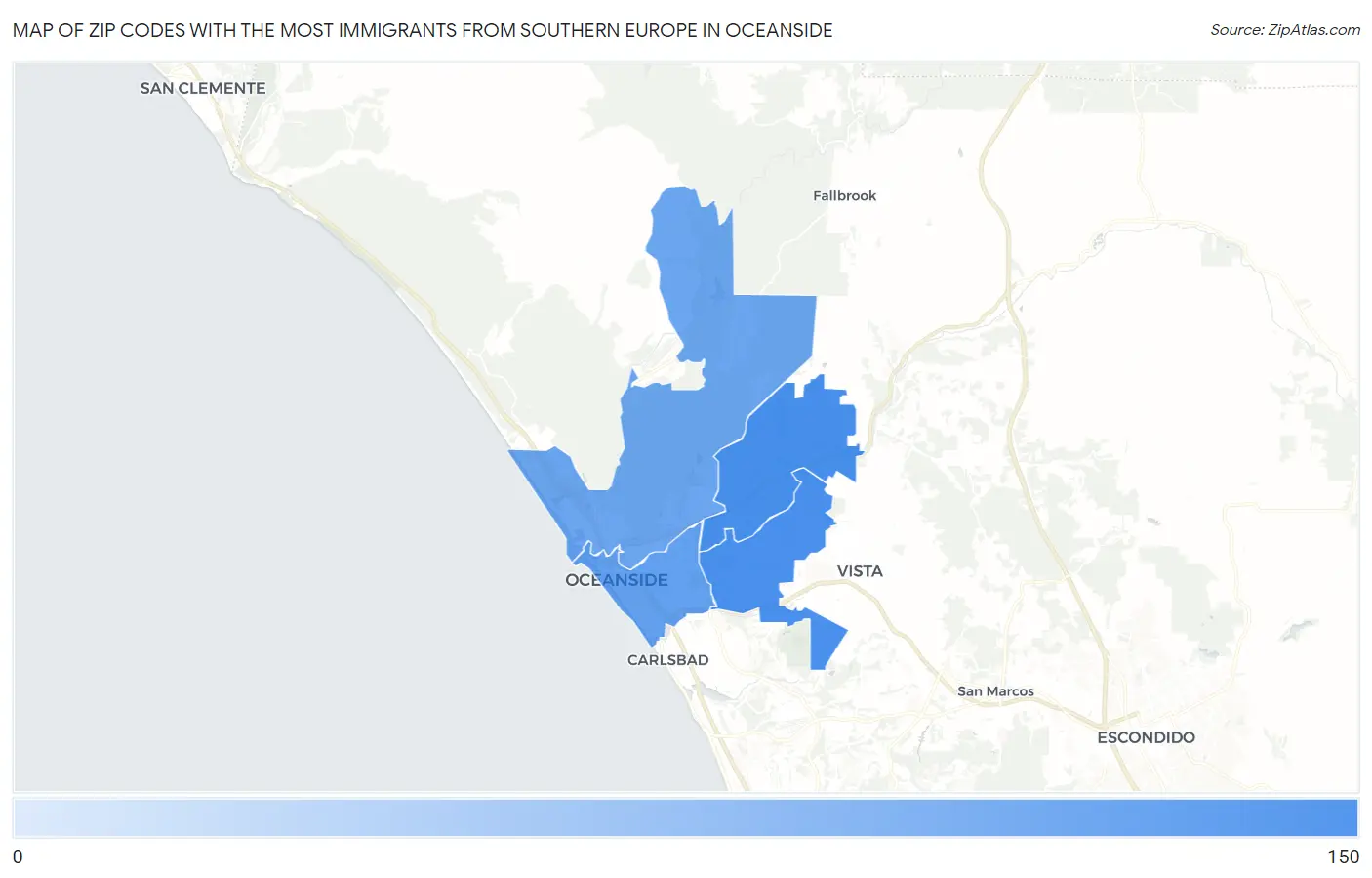 Zip Codes with the Most Immigrants from Southern Europe in Oceanside Map