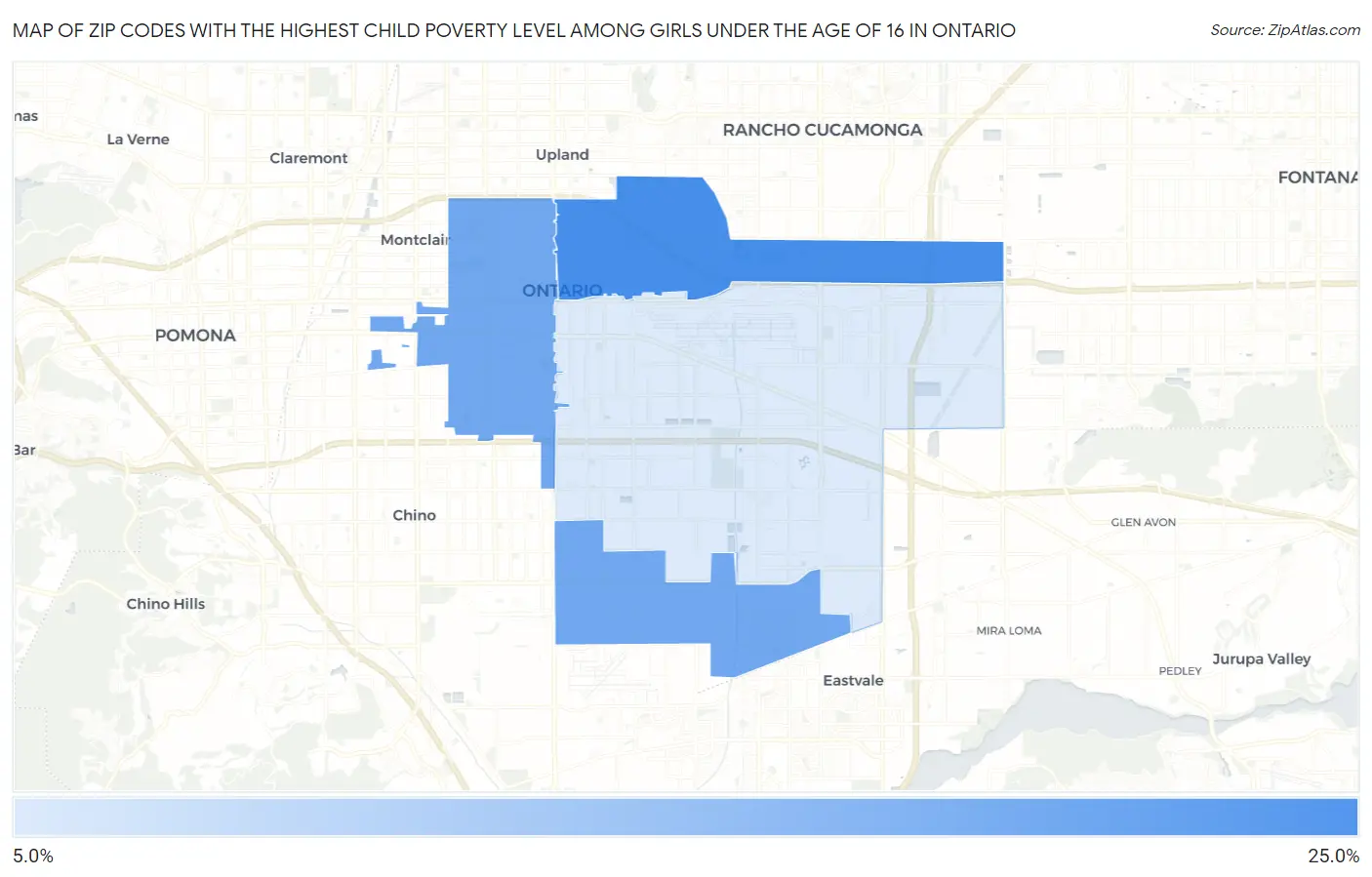 Zip Codes with the Highest Child Poverty Level Among Girls Under the Age of 16 in Ontario Map