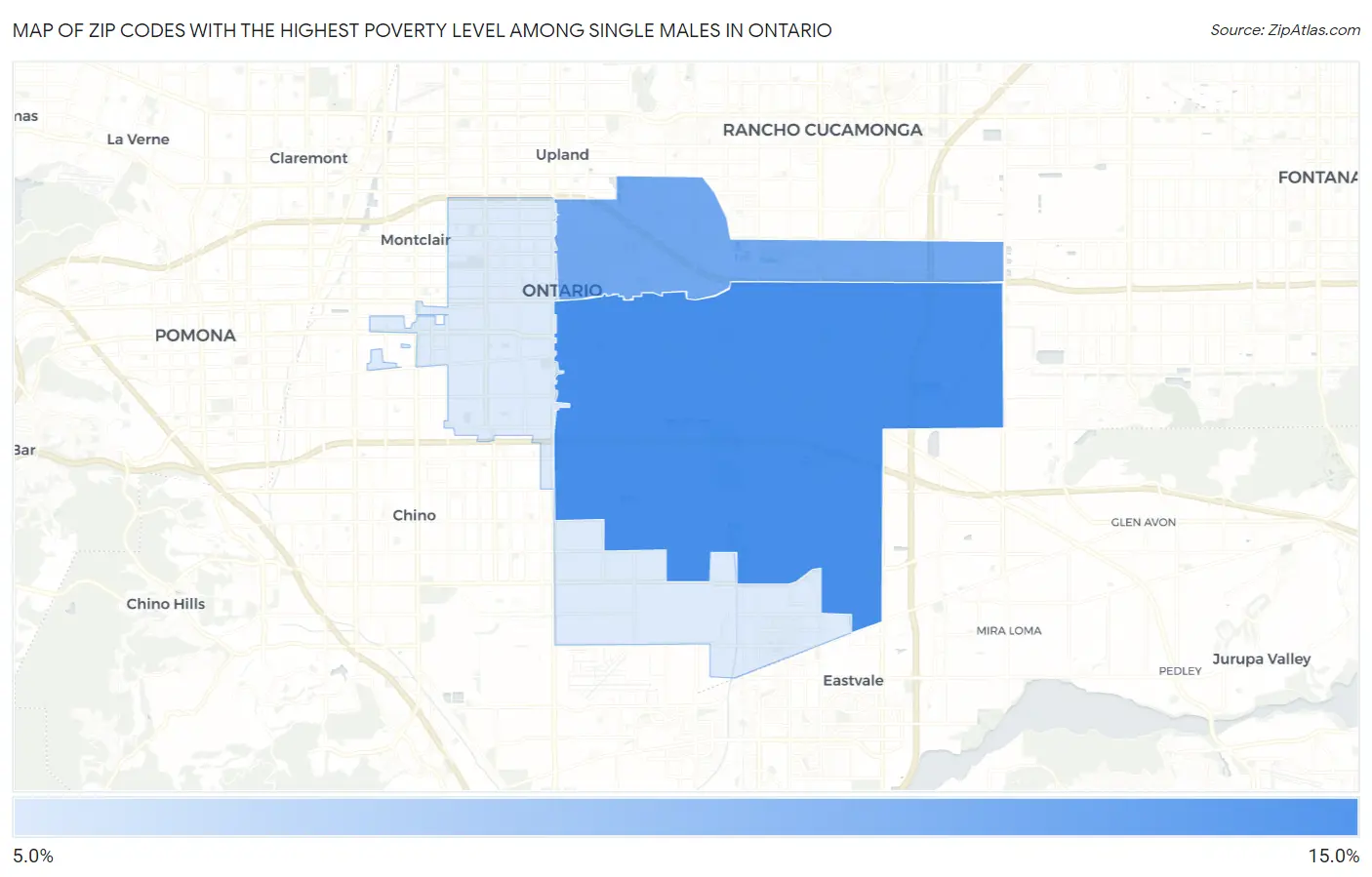 Zip Codes with the Highest Poverty Level Among Single Males in Ontario Map
