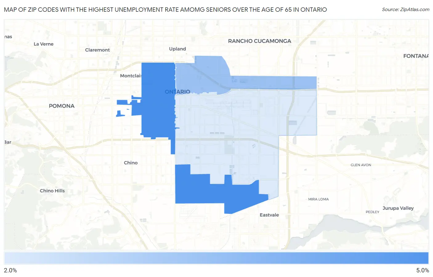Zip Codes with the Highest Unemployment Rate Amomg Seniors Over the Age of 65 in Ontario Map