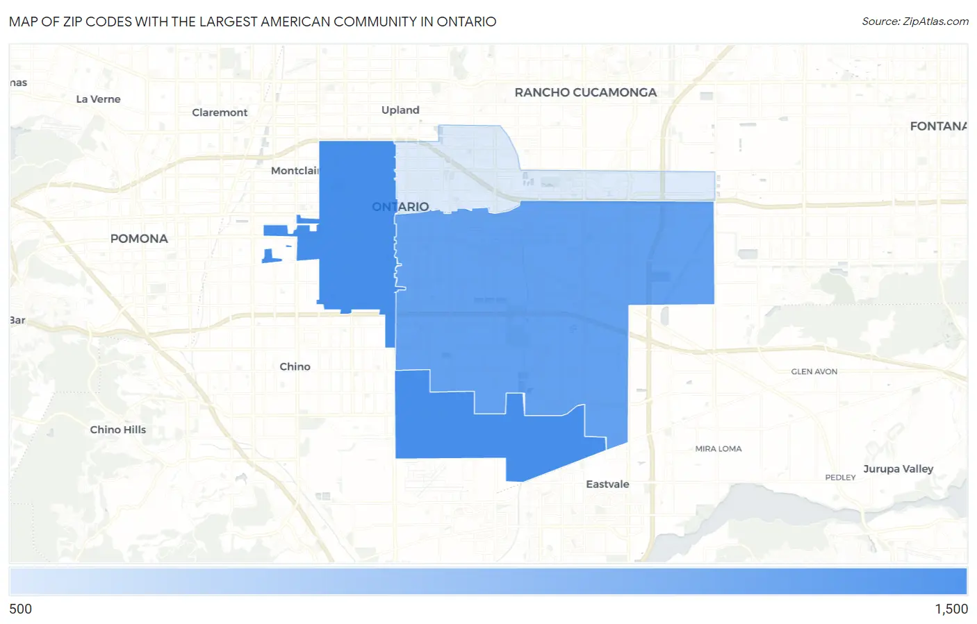 Zip Codes with the Largest American Community in Ontario Map