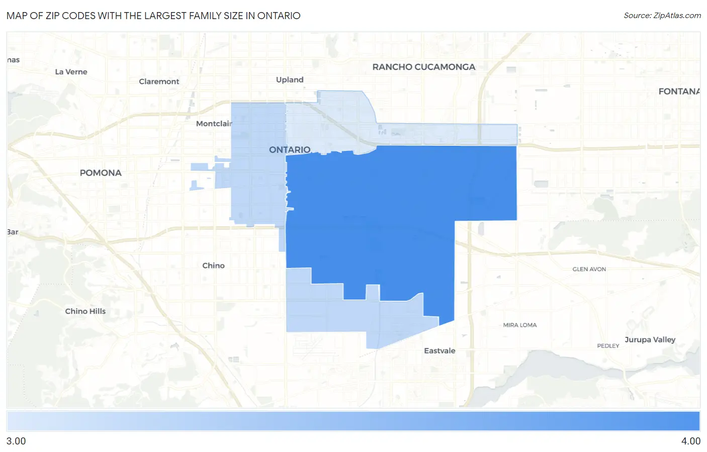 Zip Codes with the Largest Family Size in Ontario Map