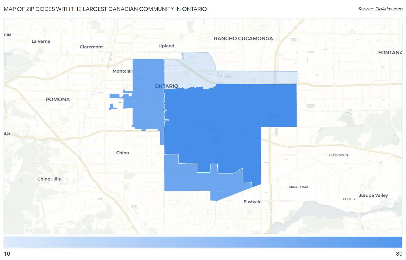 Zip Codes with the Largest Canadian Community in Ontario Map