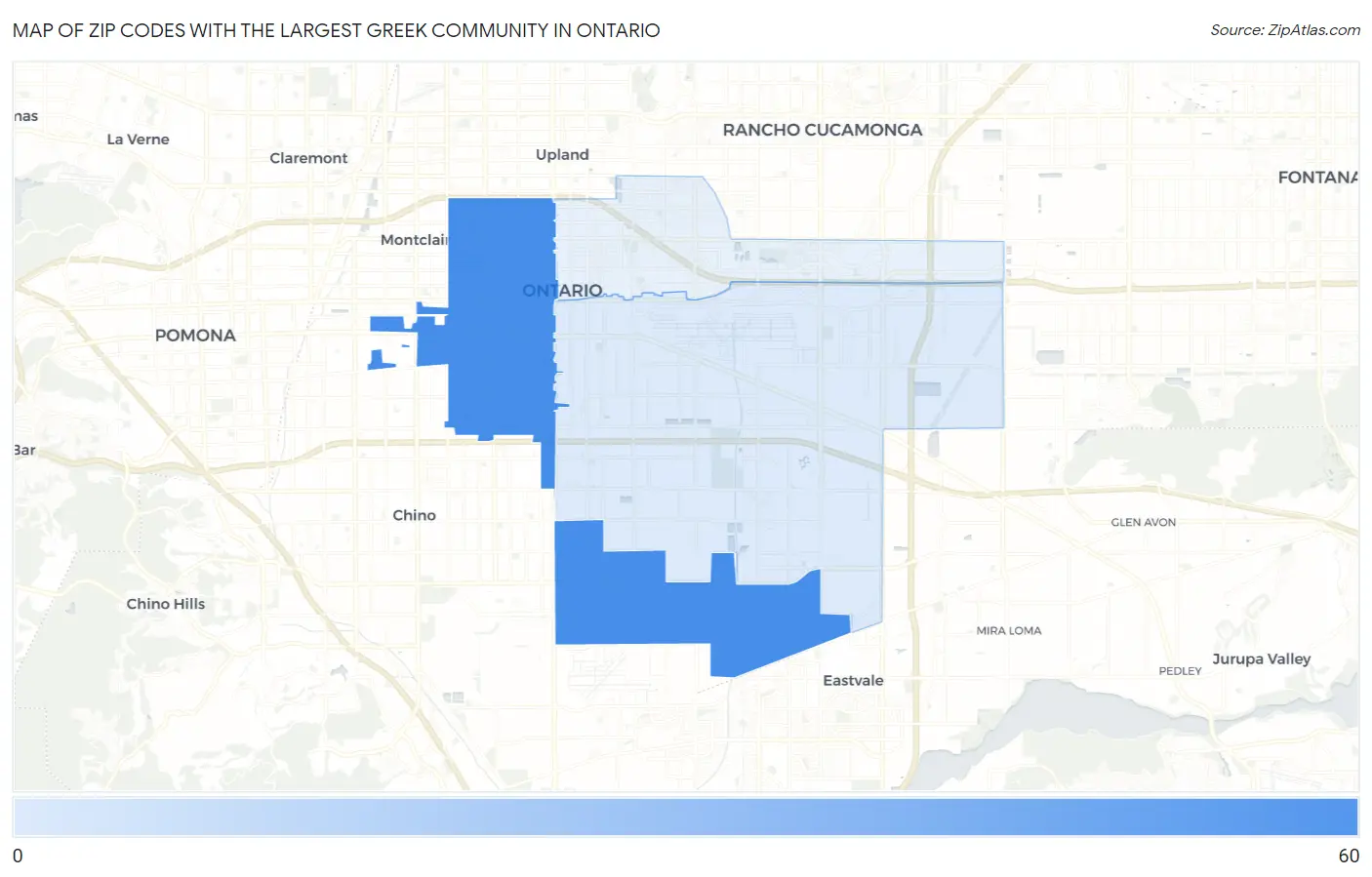 Zip Codes with the Largest Greek Community in Ontario Map