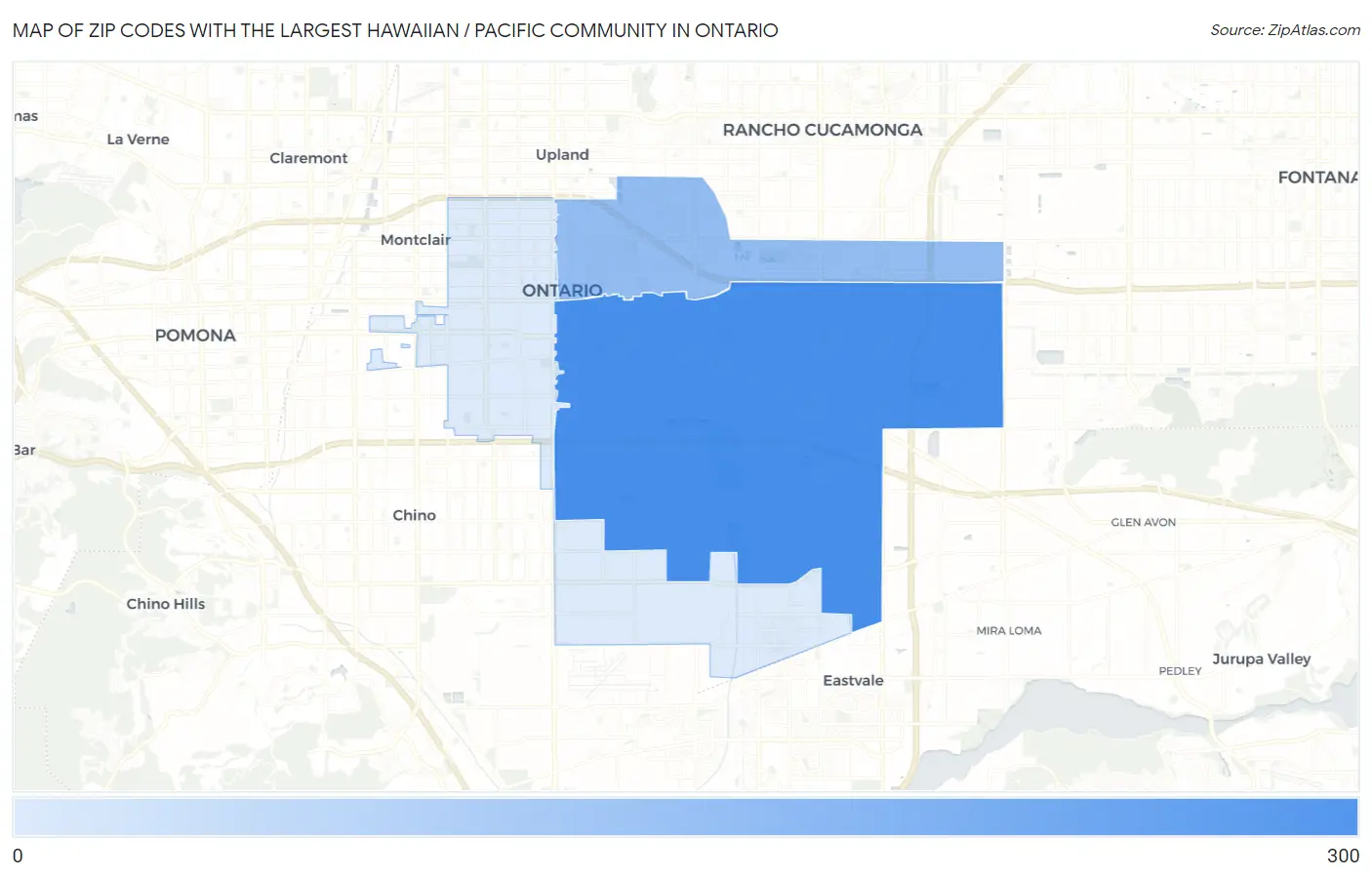 Zip Codes with the Largest Hawaiian / Pacific Community in Ontario Map