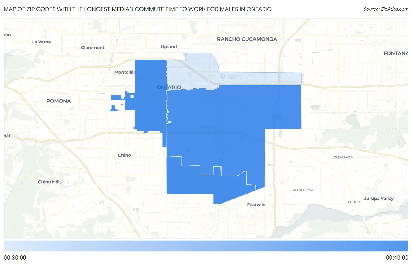 Zip Codes with the Longest Median Commute Time to Work for Males in Ontario Map