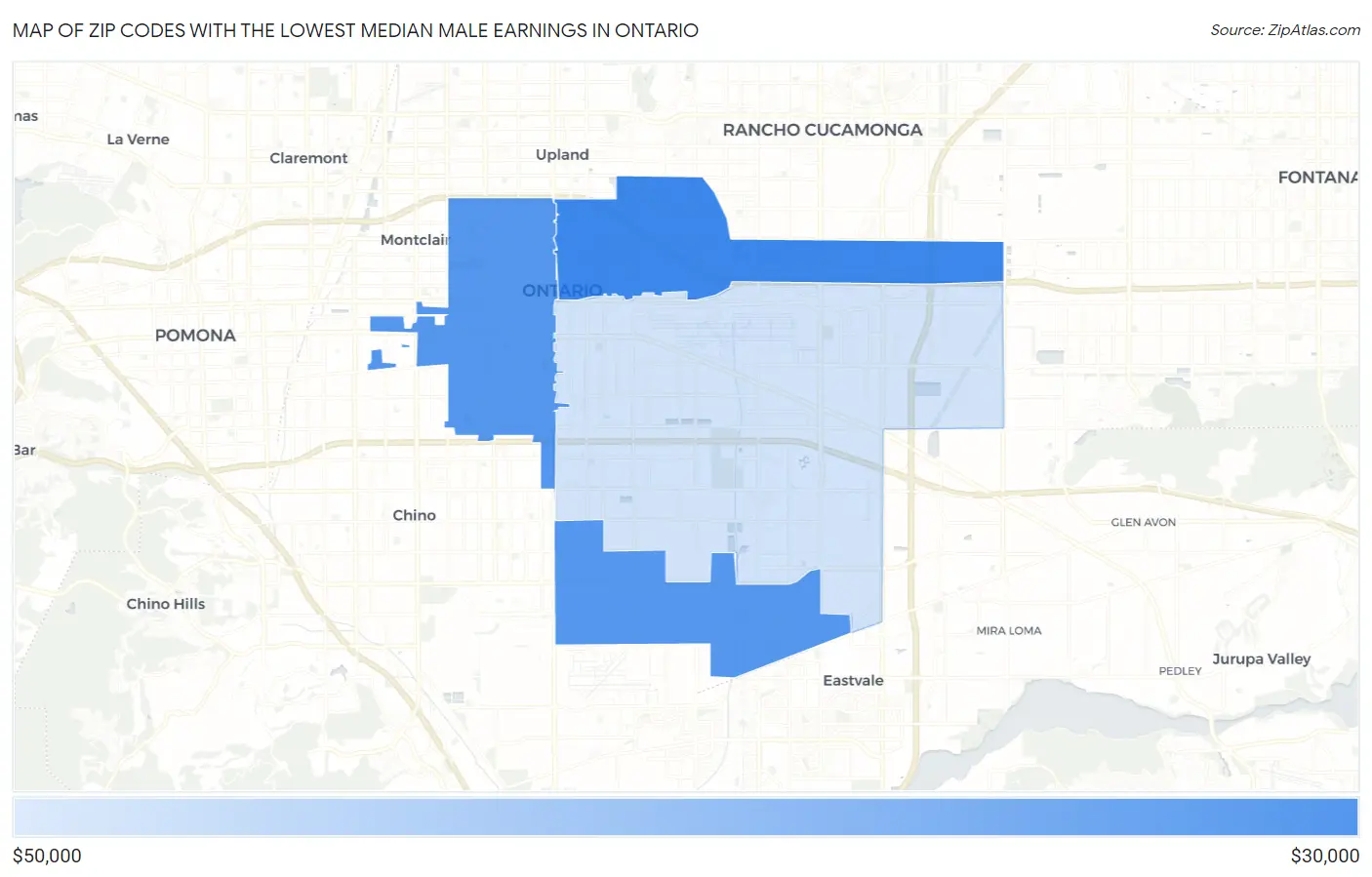 Zip Codes with the Lowest Median Male Earnings in Ontario Map