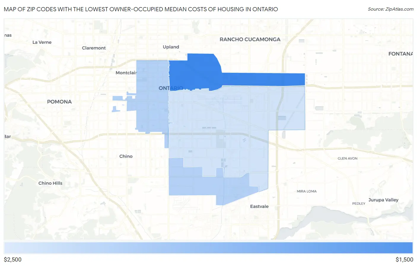 Zip Codes with the Lowest Owner-Occupied Median Costs of Housing in Ontario Map