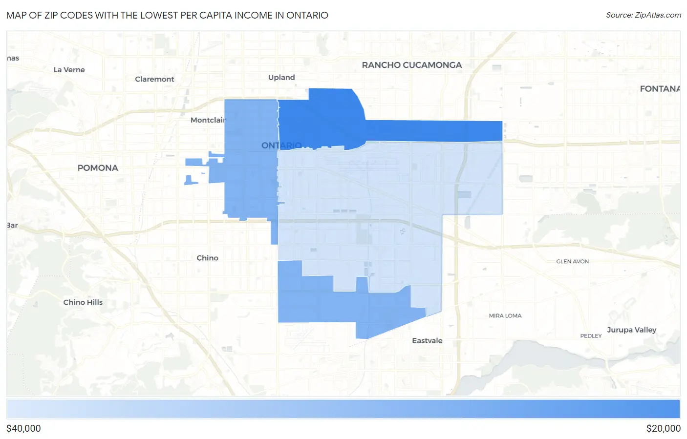 Zip Codes with the Lowest Per Capita Income in Ontario Map