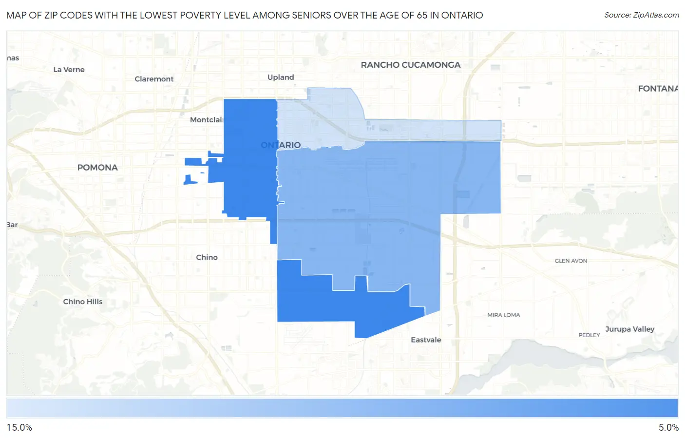 Zip Codes with the Lowest Poverty Level Among Seniors Over the Age of 65 in Ontario Map