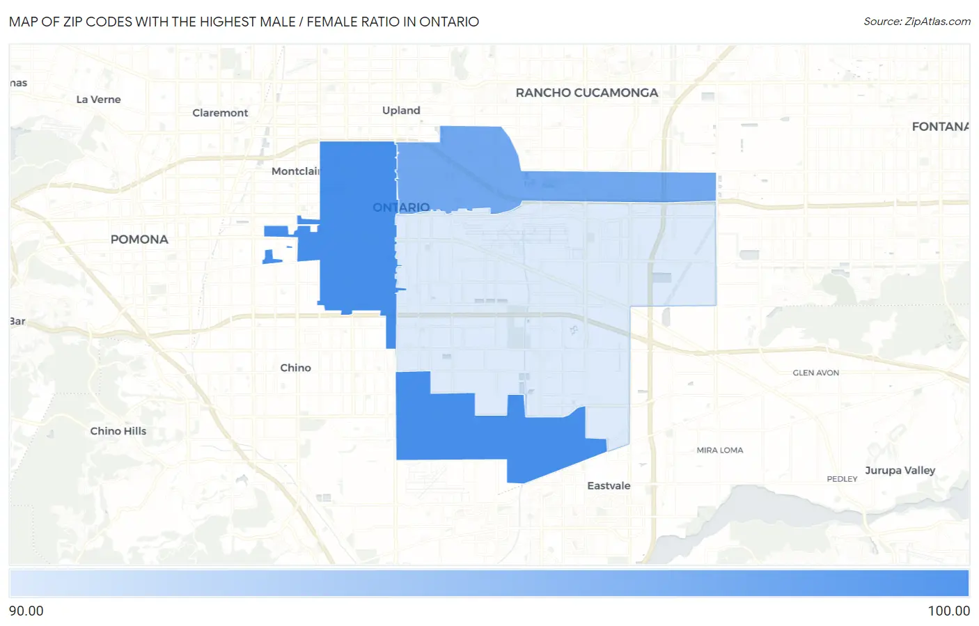 Zip Codes with the Highest Male / Female Ratio in Ontario Map