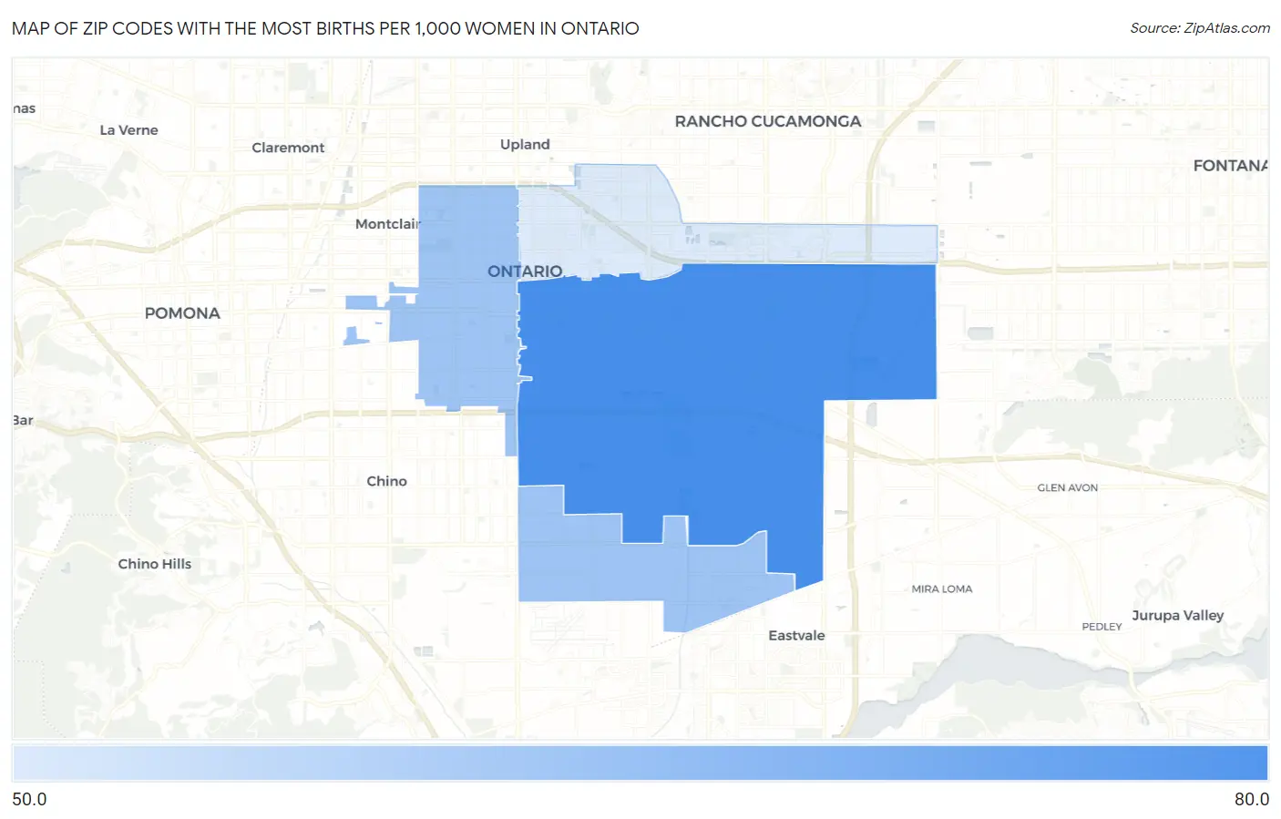 Zip Codes with the Most Births per 1,000 Women in Ontario Map