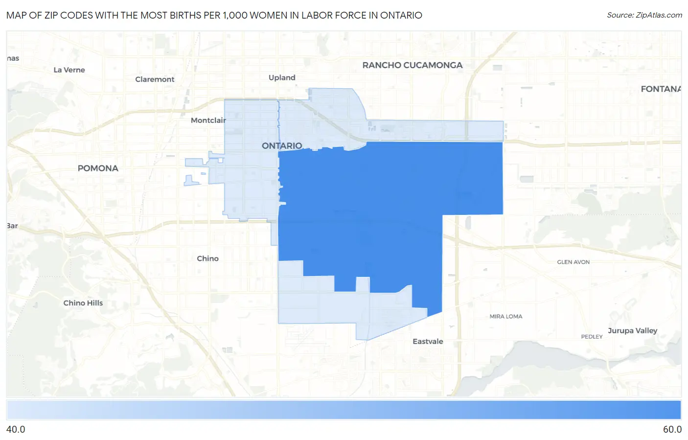 Zip Codes with the Most Births per 1,000 Women in Labor Force in Ontario Map