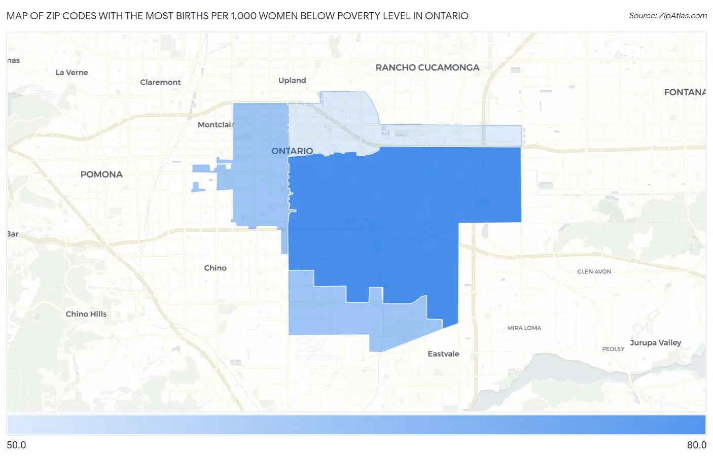 Zip Codes with the Most Births per 1,000 Women Below Poverty Level in Ontario Map