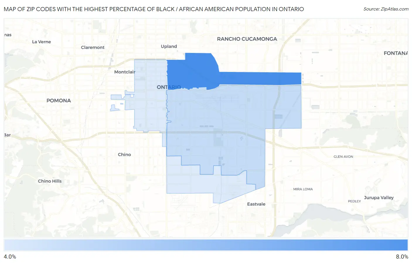 Zip Codes with the Highest Percentage of Black / African American Population in Ontario Map