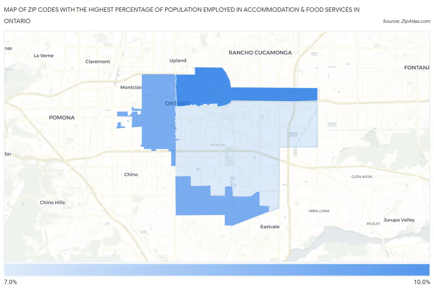 Zip Codes with the Highest Percentage of Population Employed in Accommodation & Food Services in Ontario Map