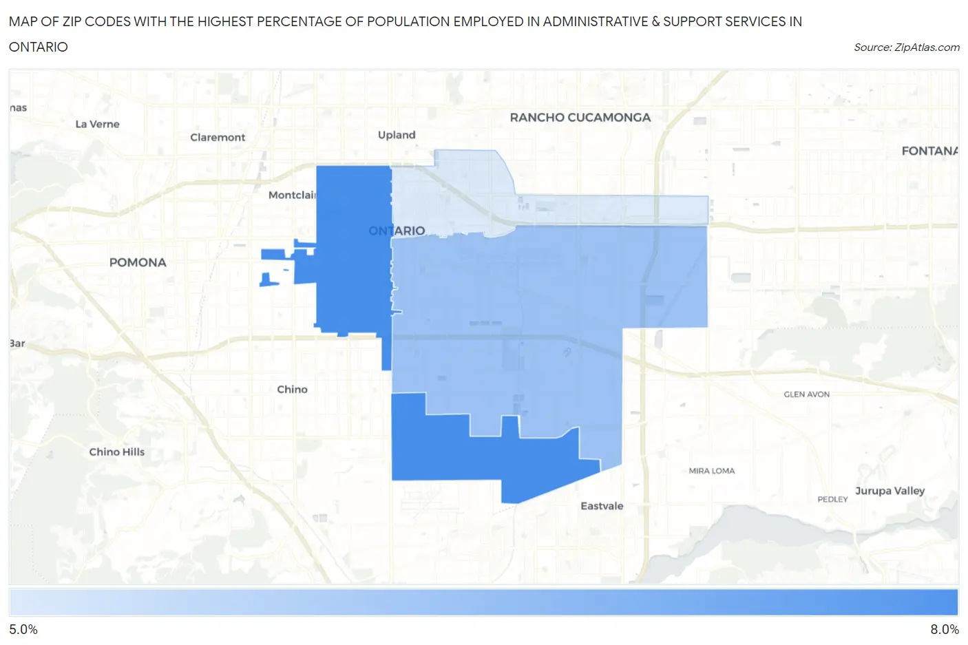 Zip Codes with the Highest Percentage of Population Employed in Administrative & Support Services in Ontario Map