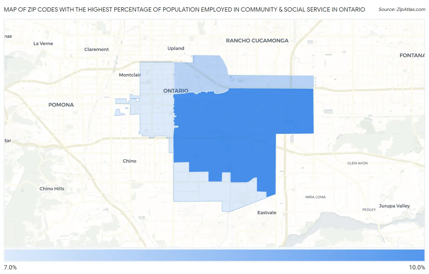 Zip Codes with the Highest Percentage of Population Employed in Community & Social Service  in Ontario Map