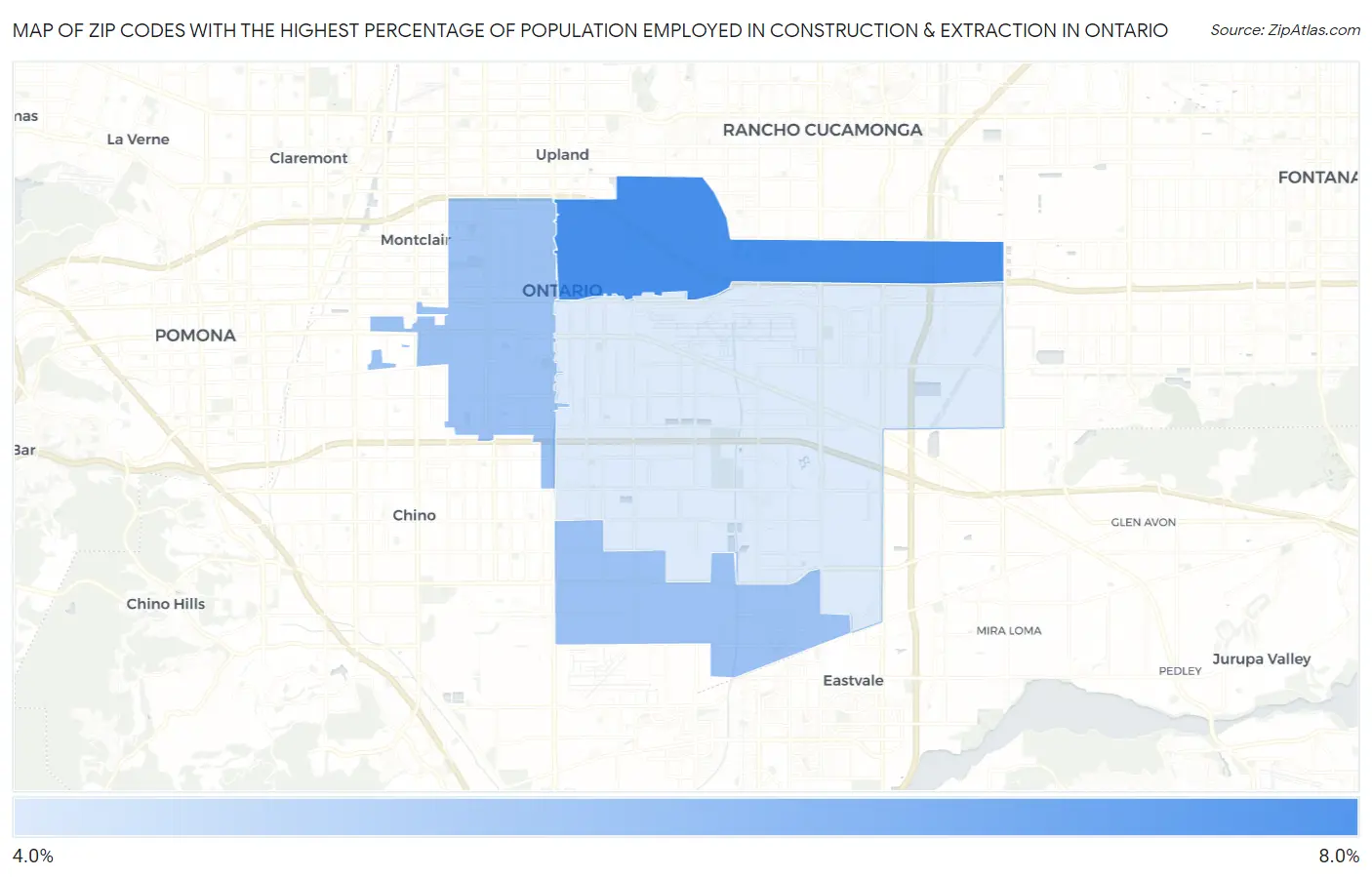 Zip Codes with the Highest Percentage of Population Employed in Construction & Extraction in Ontario Map