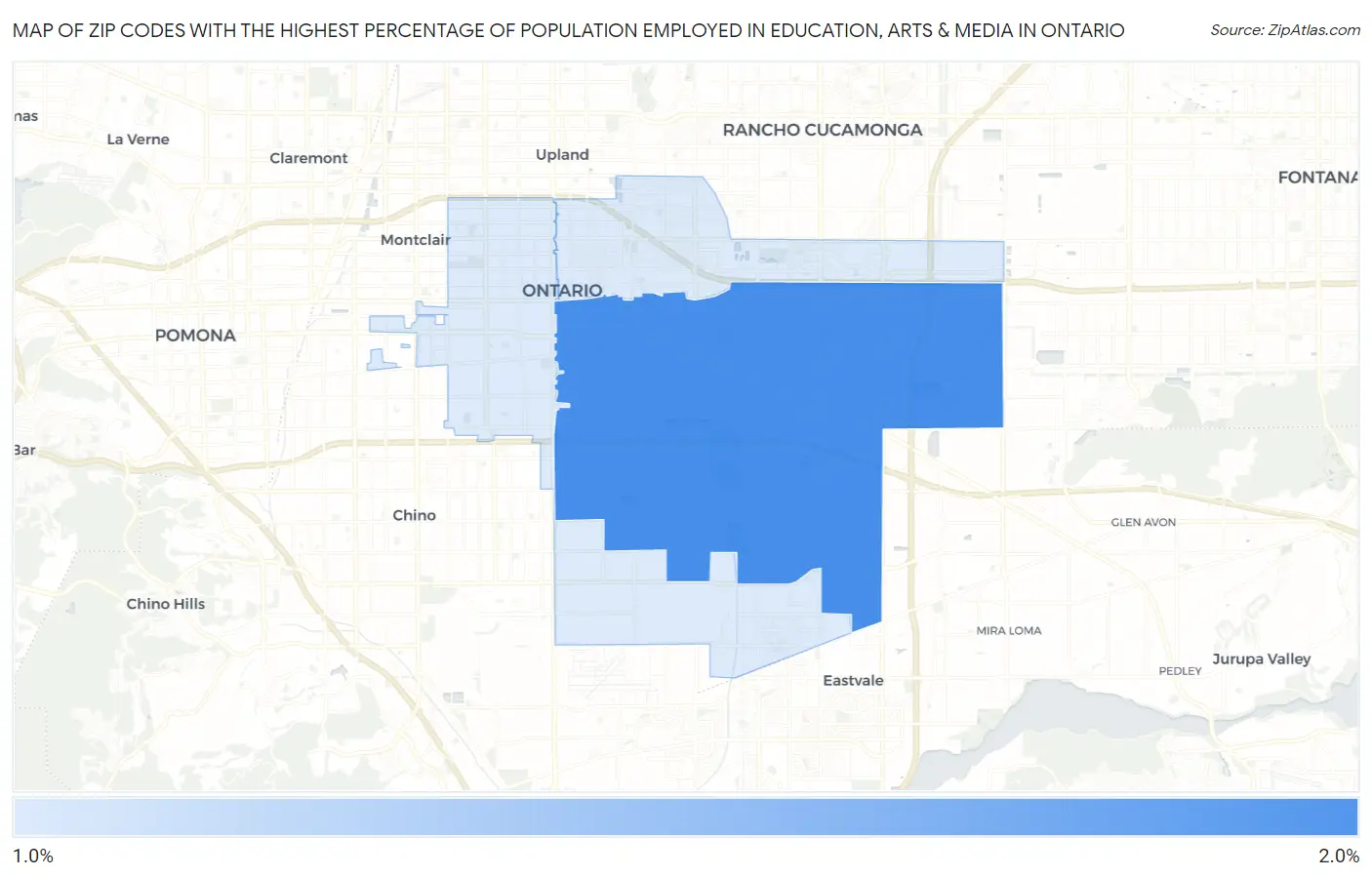 Zip Codes with the Highest Percentage of Population Employed in Education, Arts & Media in Ontario Map