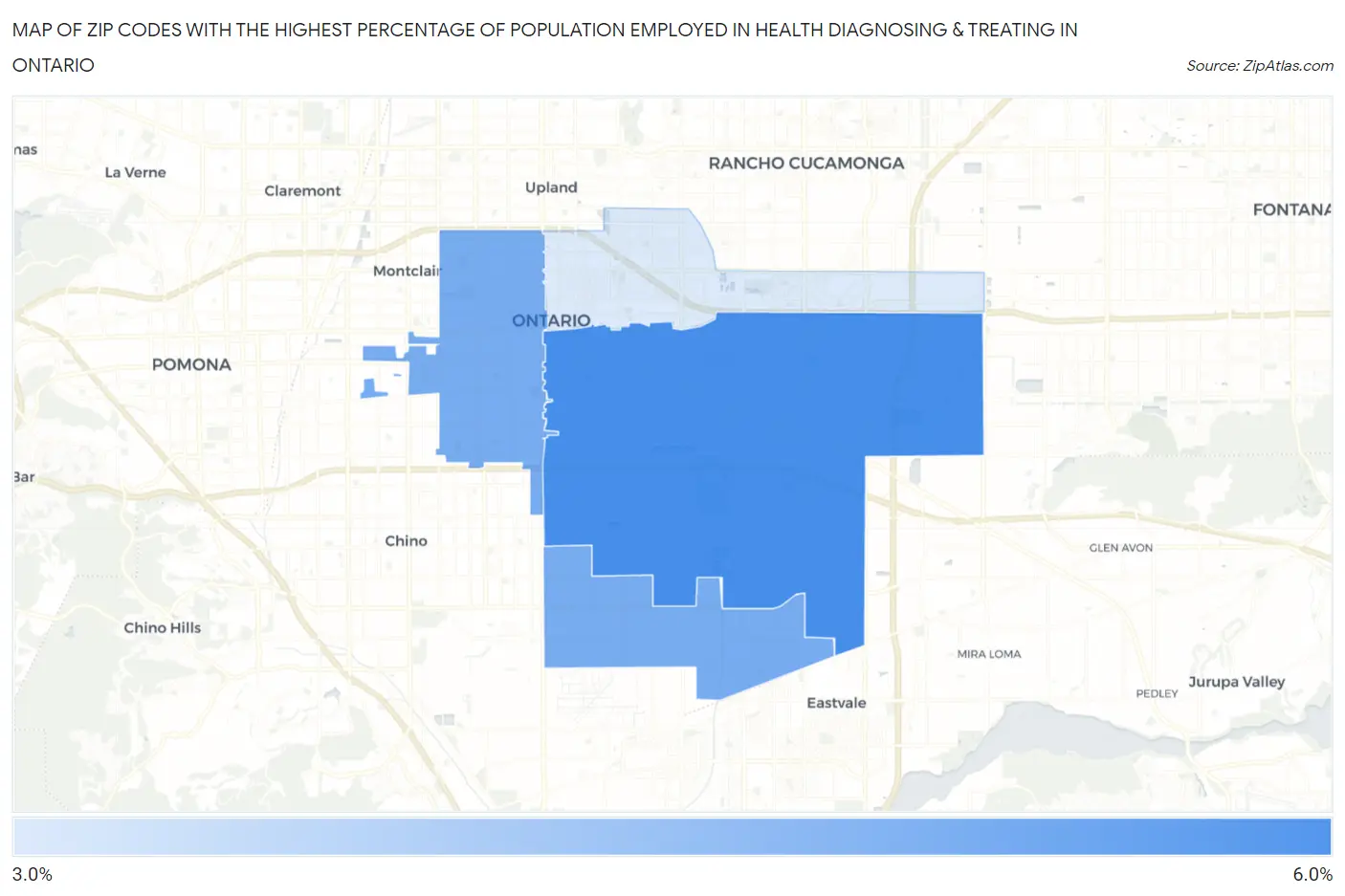 Zip Codes with the Highest Percentage of Population Employed in Health Diagnosing & Treating in Ontario Map