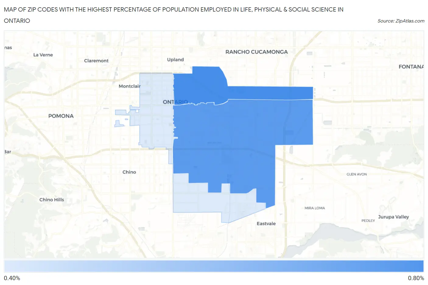Zip Codes with the Highest Percentage of Population Employed in Life, Physical & Social Science in Ontario Map