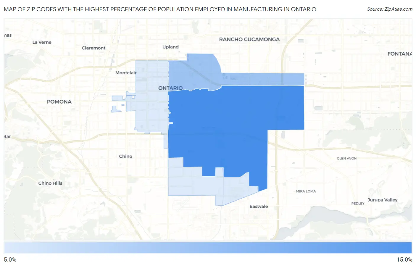 Zip Codes with the Highest Percentage of Population Employed in Manufacturing in Ontario Map