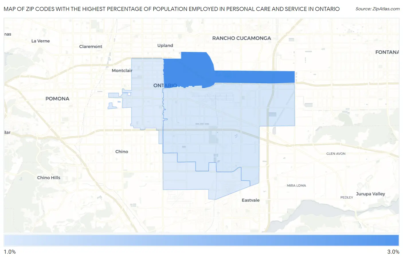 Zip Codes with the Highest Percentage of Population Employed in Personal Care and Service in Ontario Map