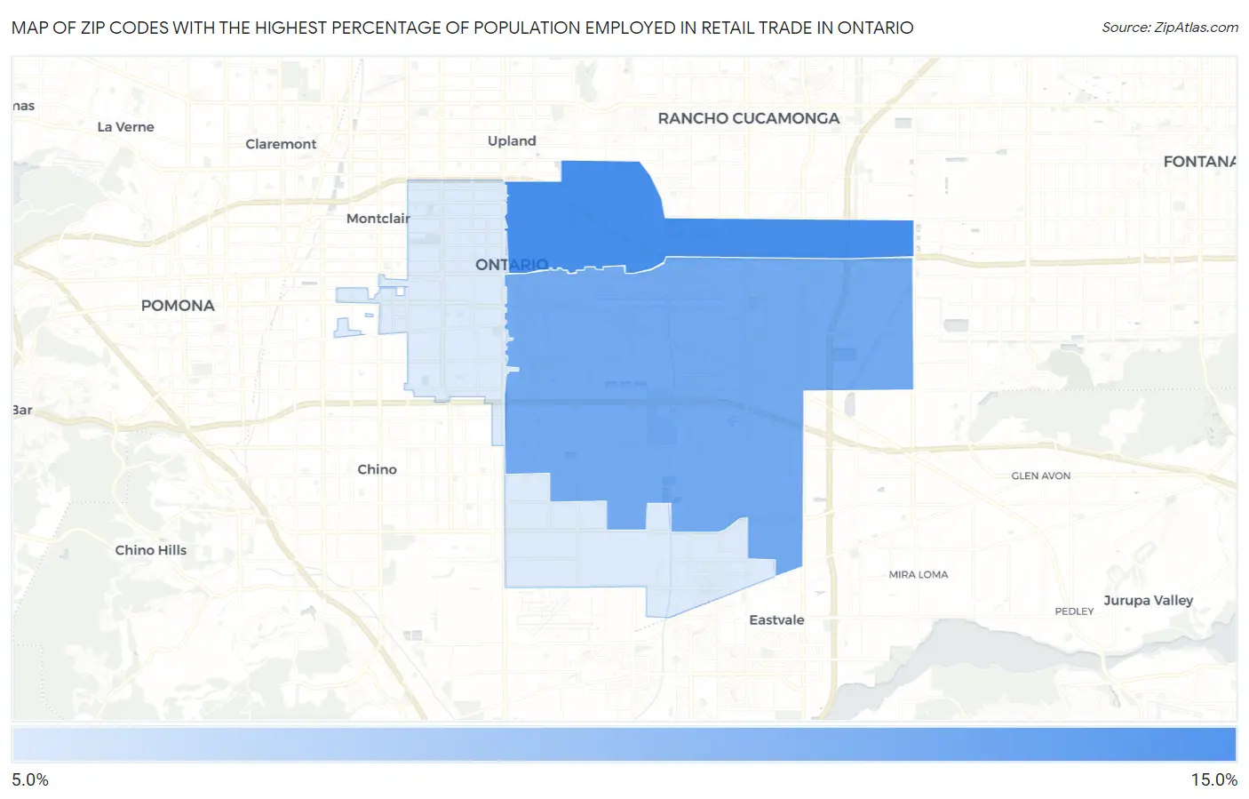 Zip Codes with the Highest Percentage of Population Employed in Retail Trade in Ontario Map