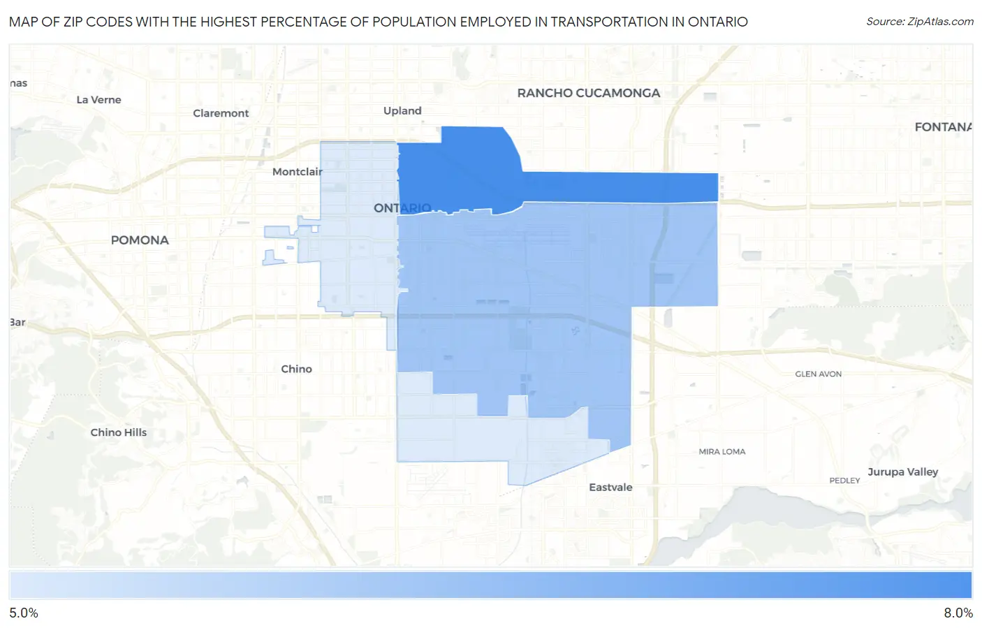 Zip Codes with the Highest Percentage of Population Employed in Transportation in Ontario Map