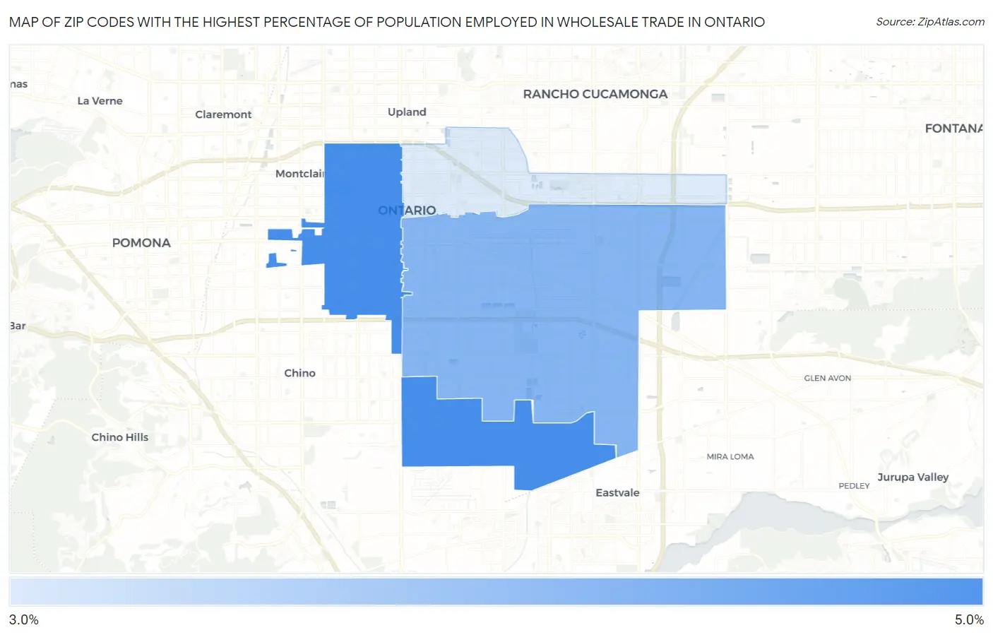 Zip Codes with the Highest Percentage of Population Employed in Wholesale Trade in Ontario Map