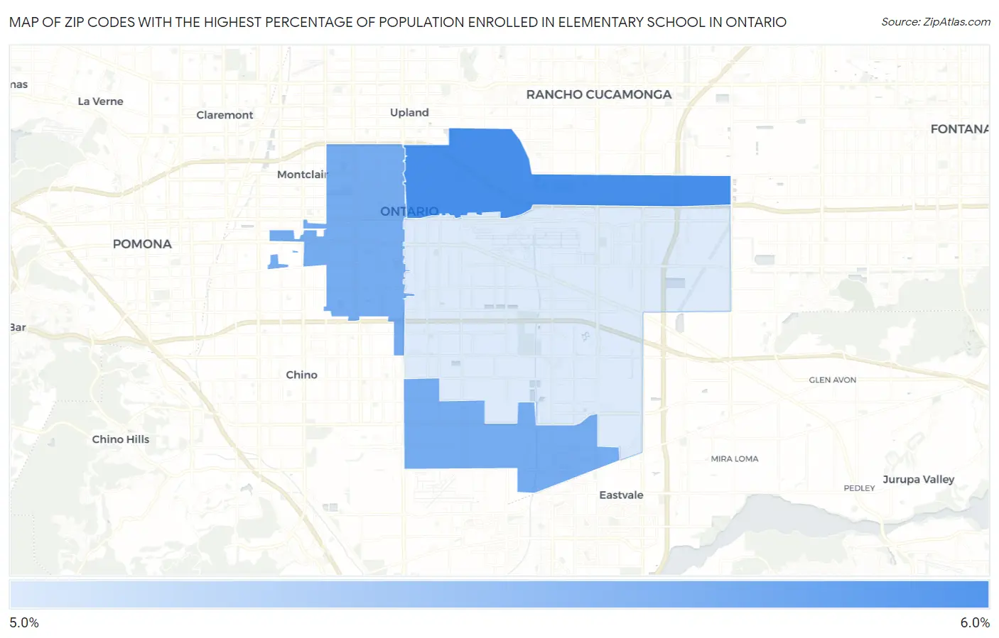 Zip Codes with the Highest Percentage of Population Enrolled in Elementary School in Ontario Map
