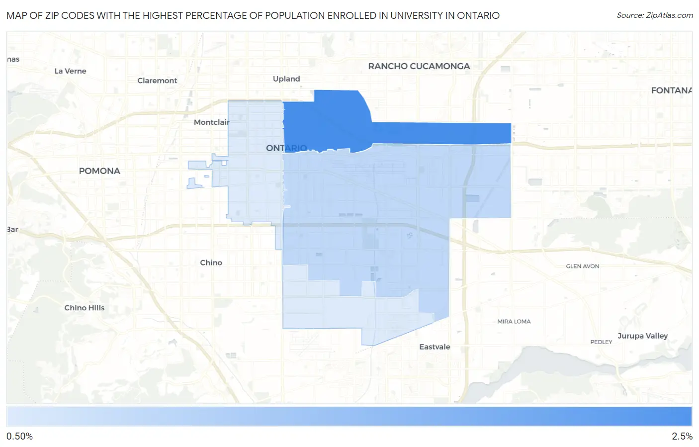 Zip Codes with the Highest Percentage of Population Enrolled in University in Ontario Map