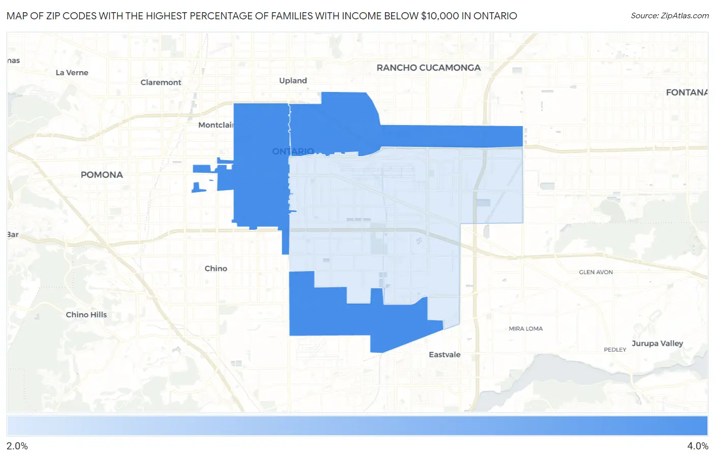 Zip Codes with the Highest Percentage of Families with Income Below $10,000 in Ontario Map