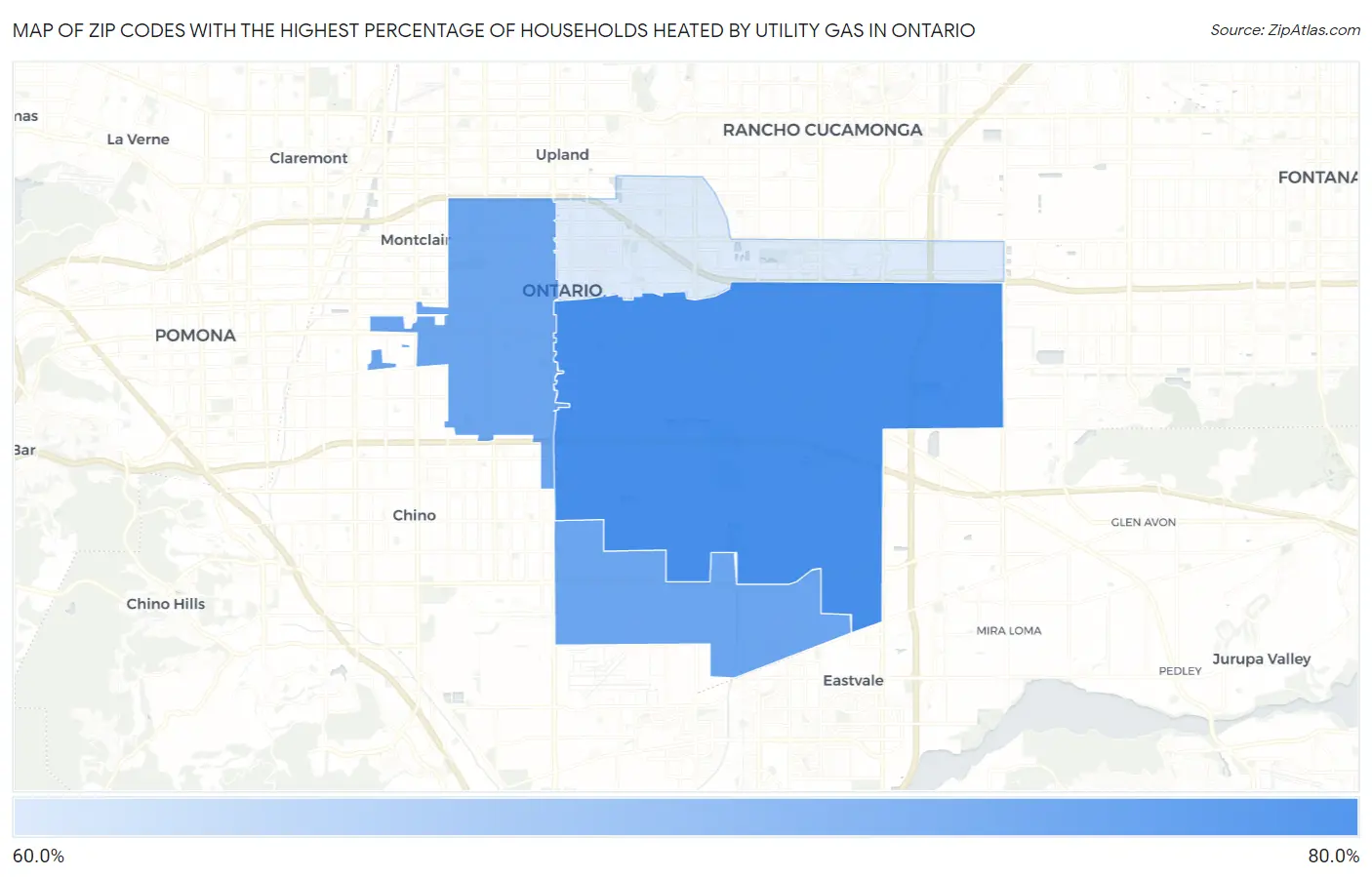 Zip Codes with the Highest Percentage of Households Heated by Utility Gas in Ontario Map