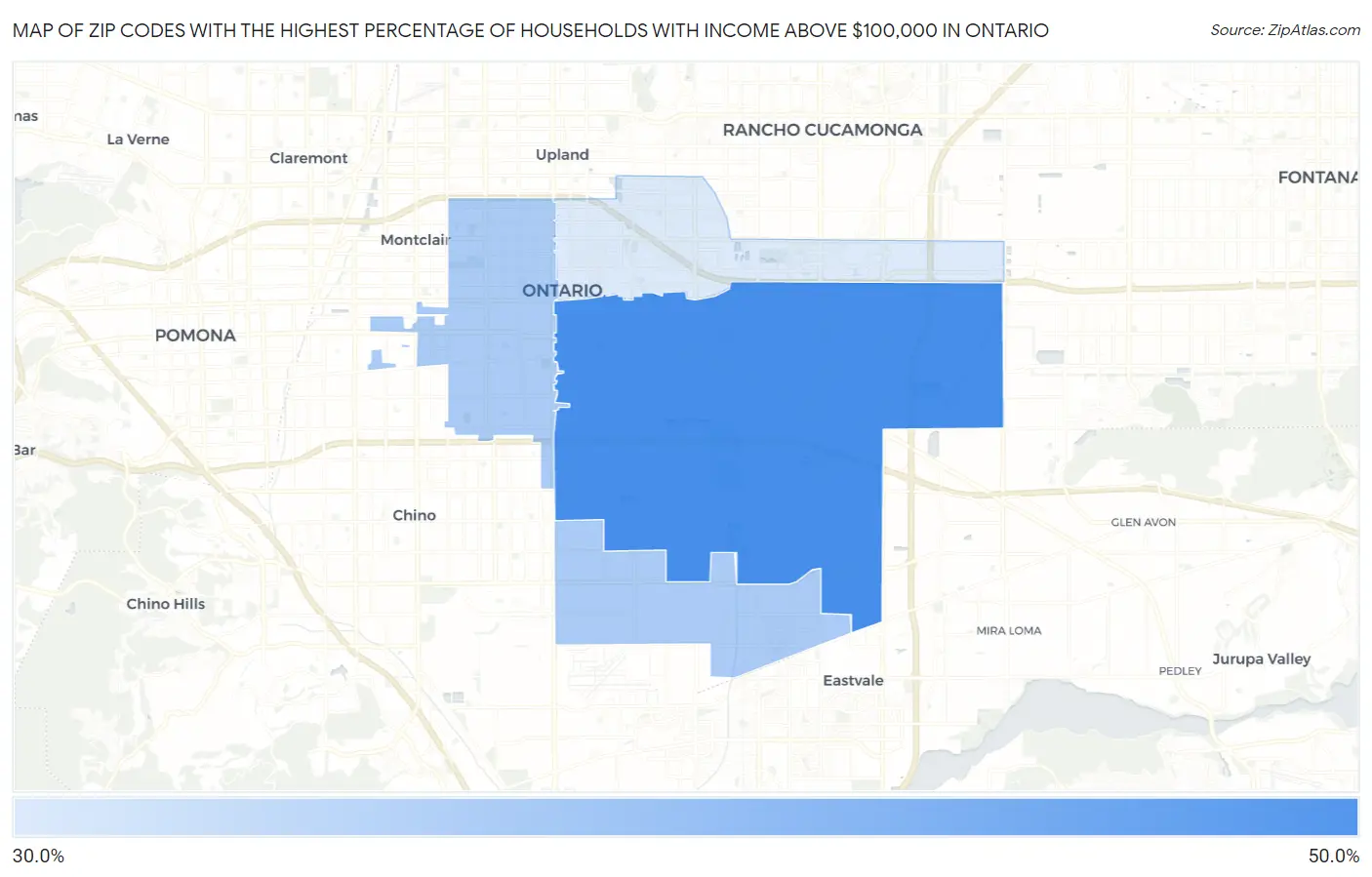 Zip Codes with the Highest Percentage of Households with Income Above $100,000 in Ontario Map