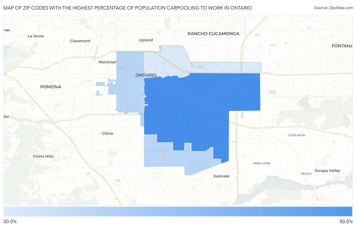 Zip Codes with the Highest Percentage of Population Carpooling to Work in Ontario Map