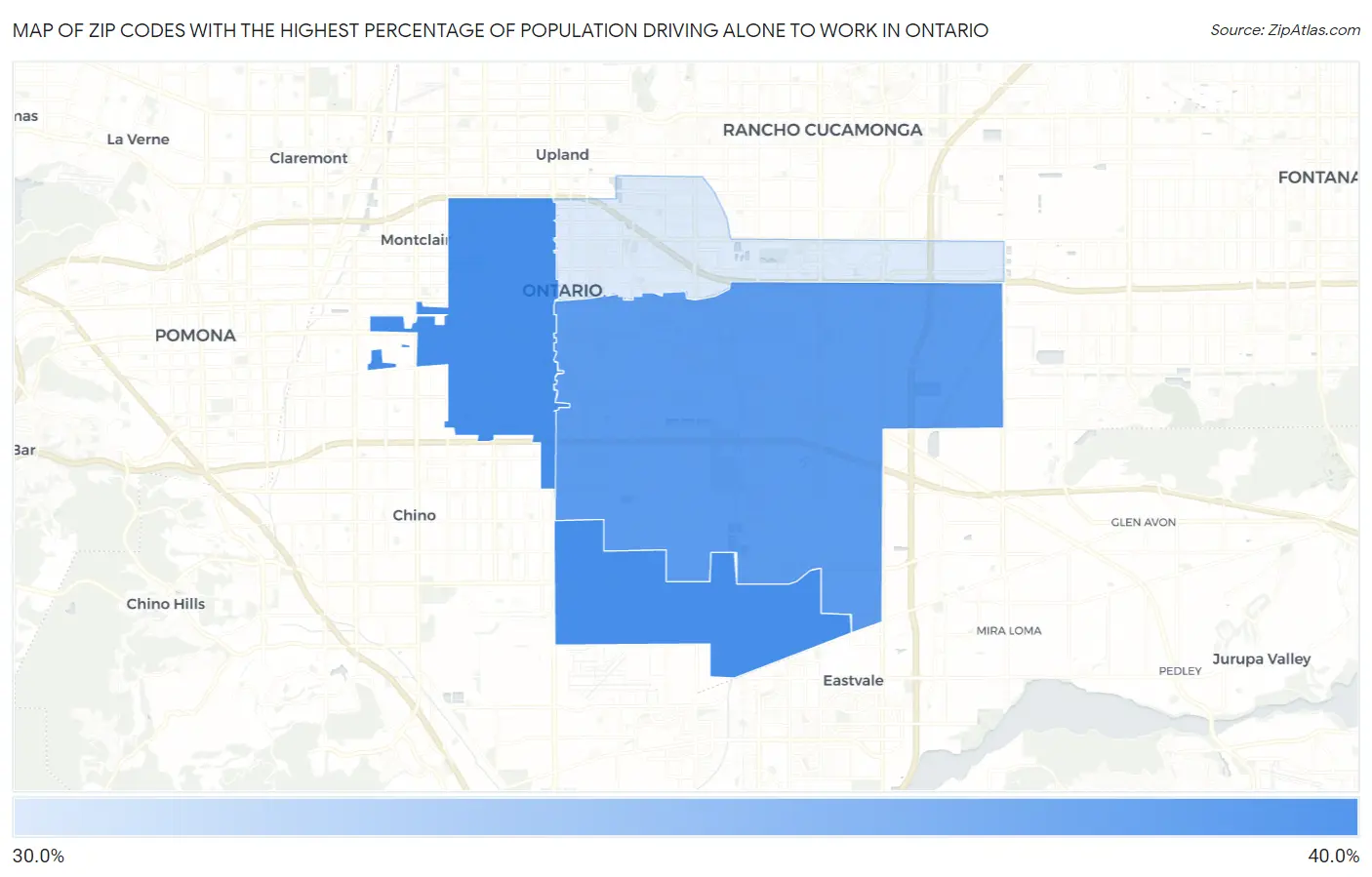 Zip Codes with the Highest Percentage of Population Driving Alone to Work in Ontario Map