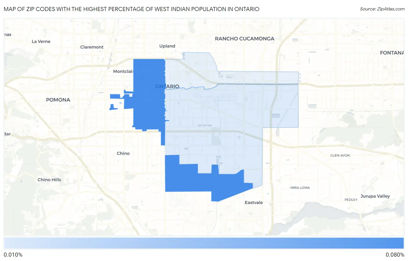 Zip Codes with the Highest Percentage of West Indian Population in Ontario Map