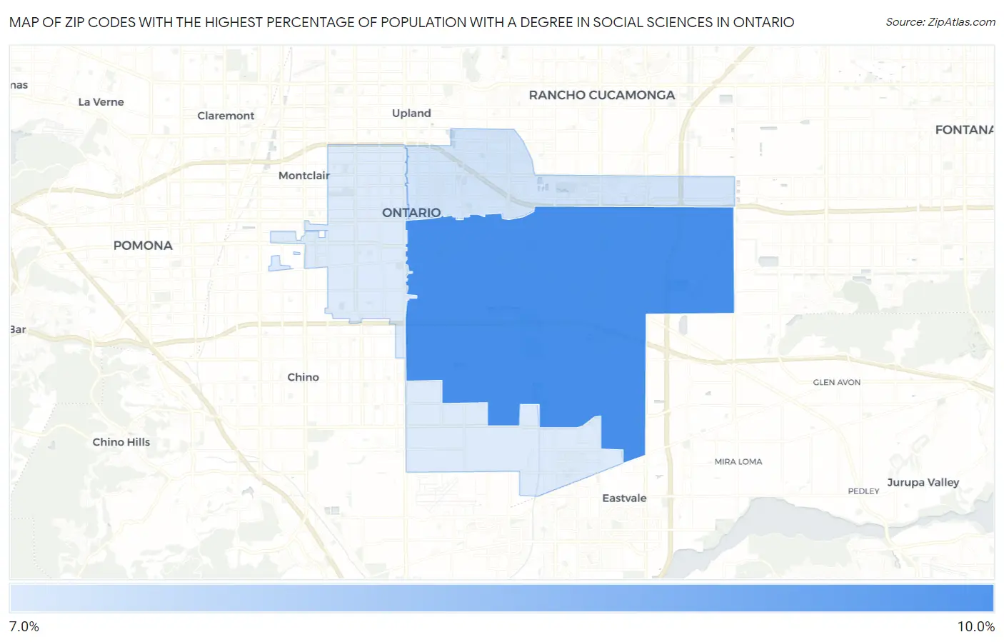 Zip Codes with the Highest Percentage of Population with a Degree in Social Sciences in Ontario Map
