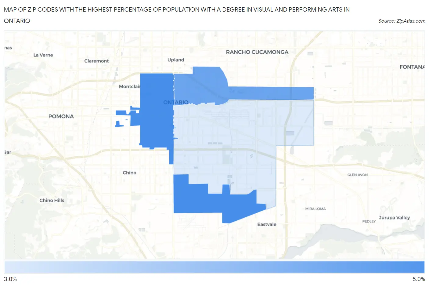 Zip Codes with the Highest Percentage of Population with a Degree in Visual and Performing Arts in Ontario Map
