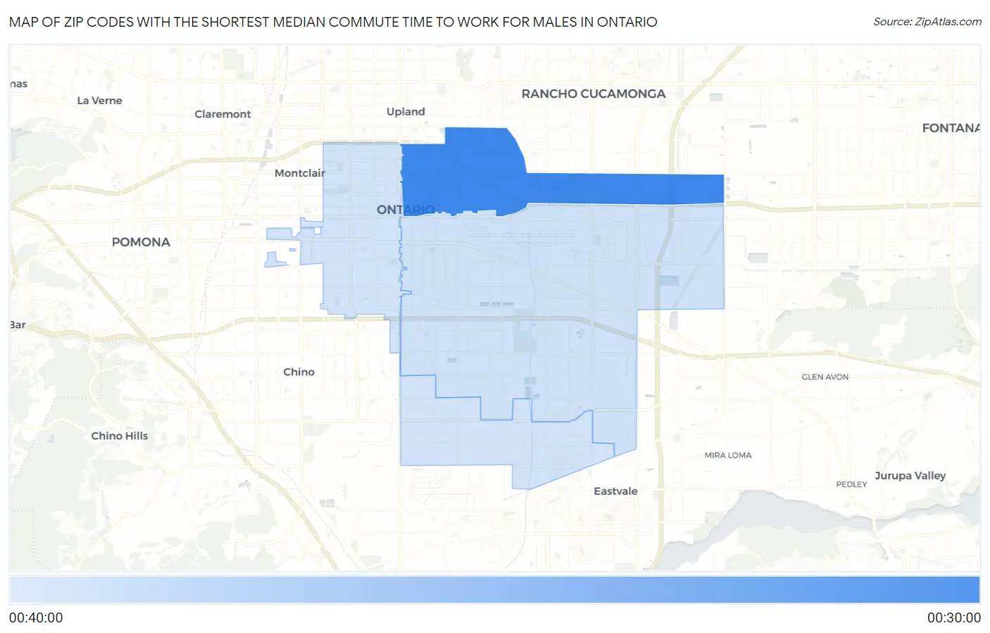 Zip Codes with the Shortest Median Commute Time to Work for Males in Ontario Map